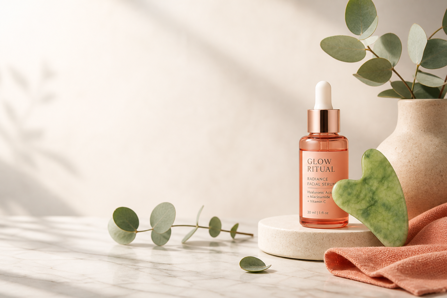 Gua Sha de jade natural junto a un sérum facial sobre mármol